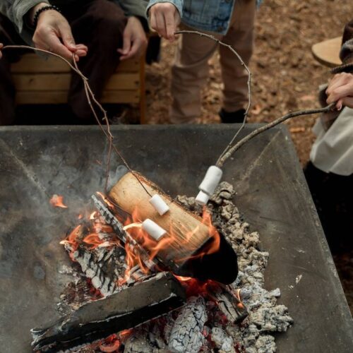 Three individuals roasting marshmallows over a fire pit.