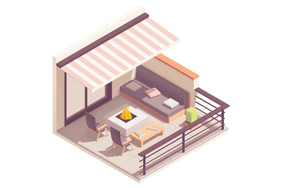 Isometric illustration of a cozy cafe interior with an outdoor seating area under an awning.