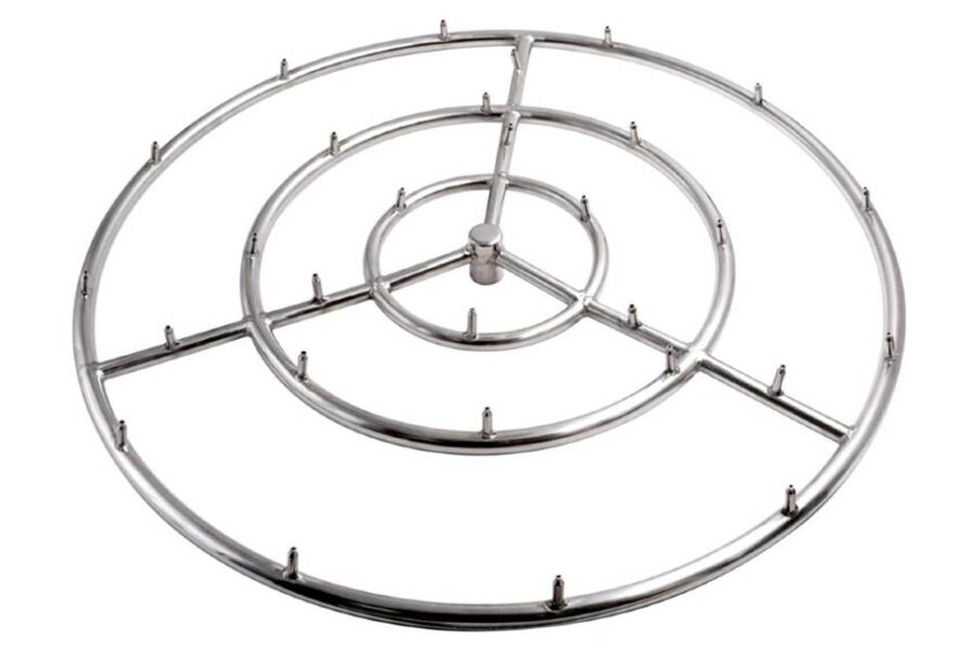 Stainless steel burner rings needed for a gas fire pit, isolated on a white background.
