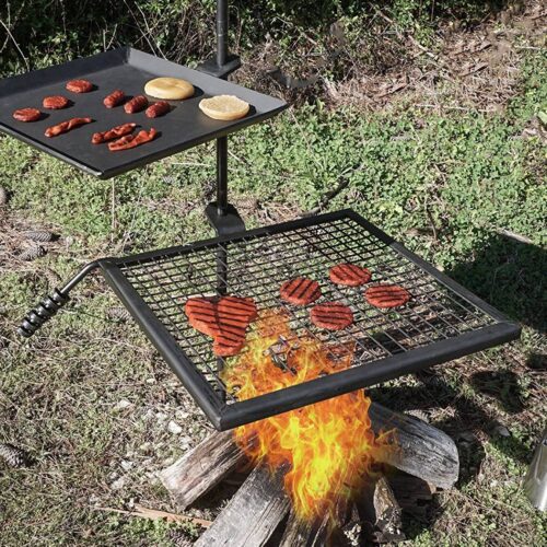 Portable Fire Pit Grill with food being cooked over an open flame, compared to top fire pit posts.