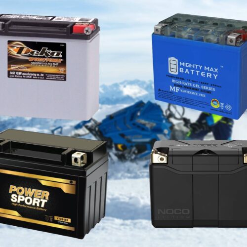 Various types of lead-acid batteries against a snowy mountain background.