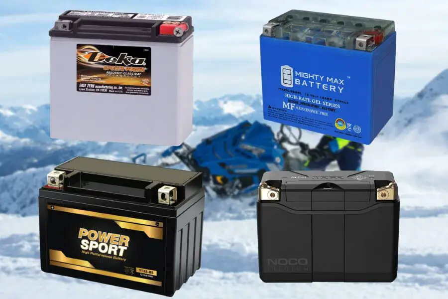 Various types of lead-acid batteries against a snowy mountain background.