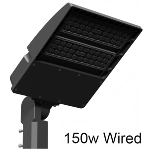 Black 150w wired floodlight mounted on a bracket, angled slightly downwards, suitable for Dominator Sports Court Lighting Poles & Lights, isolated on a white background.