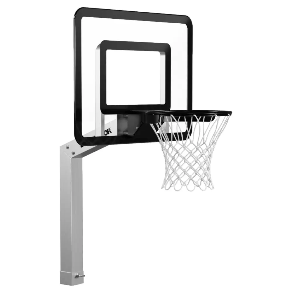 A modern basketball hoop with a transparent backboard, a black frame, and a white net, mounted on a steel pole, isolated on a white background.