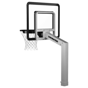 Wall-mounted basketball hoop with a clear backboard, metal frame, and net, labeled "dominator.