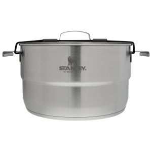 Stainless steel cooking pot with lid and side handles.