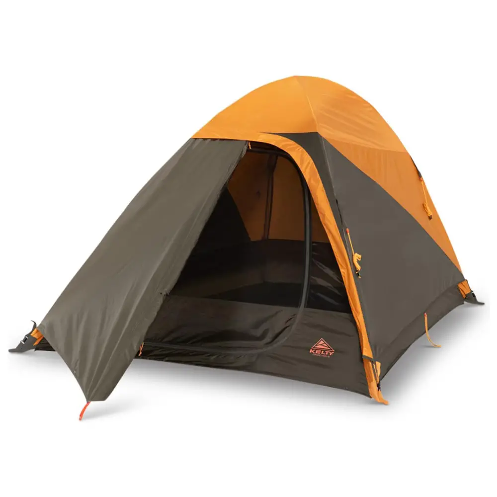 Two-person camping tent with open door on a white background.