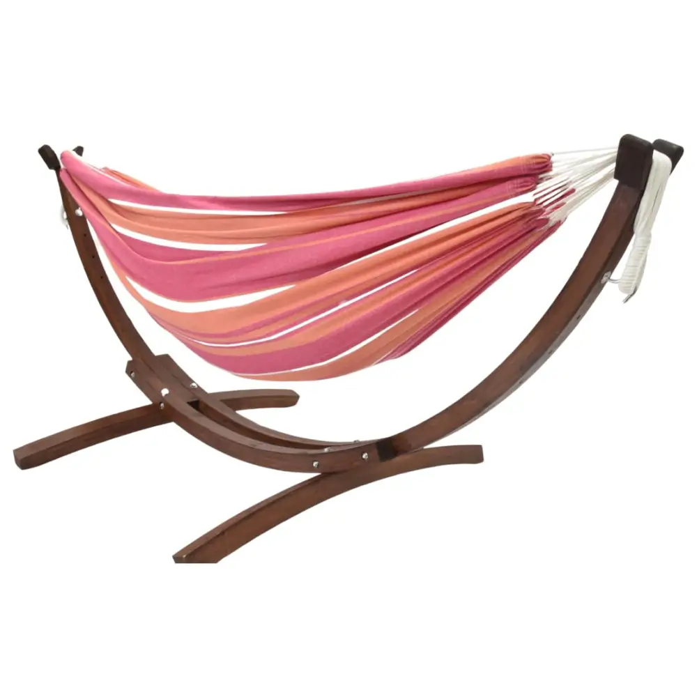 Striped hammock with stand on a white background.