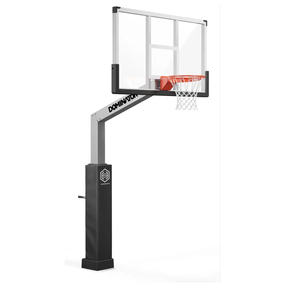 A modern, adjustable basketball hoop with a transparent backboard labeled "domination" and a black base, positioned on a white background.