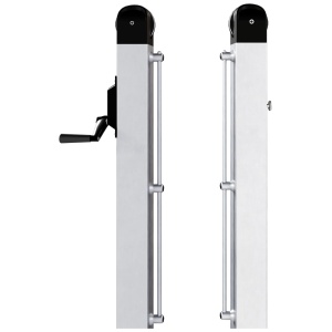 Two vertical metal security gates with handles and hinge mechanisms, isolated on a white background.