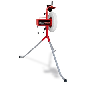 Portable tire changer stand with bead breaker on white background.