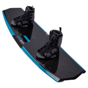 Black wakeboard with blue accents equipped with attached black and gray boots, displayed on a white background.