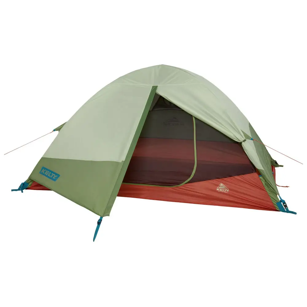 A green and orange two-person camping tent set up on a plain background.