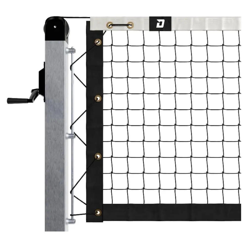 Close-up of a tennis net with black and white band, metal posts, and a crank handle, isolated on white background.