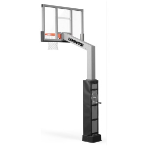 An arcade basketball game machine titled "dominator" with a hoop, net, backboard, and a ball return mechanism.