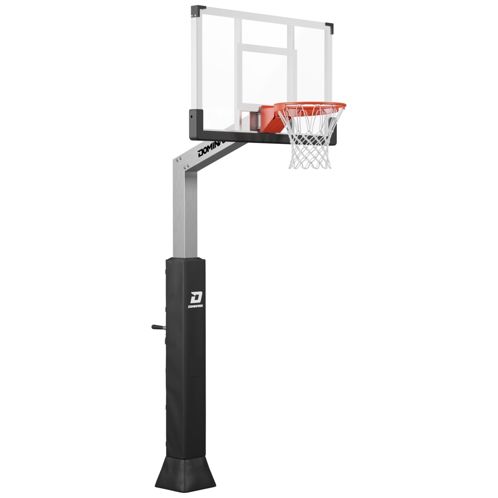 A portable basketball hoop with a clear backboard, orange rim, and black base, branded with a "dominio" logo on the support beam.