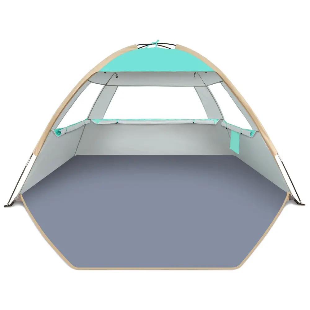 Pop-up camping tent with an open entrance on a white background.