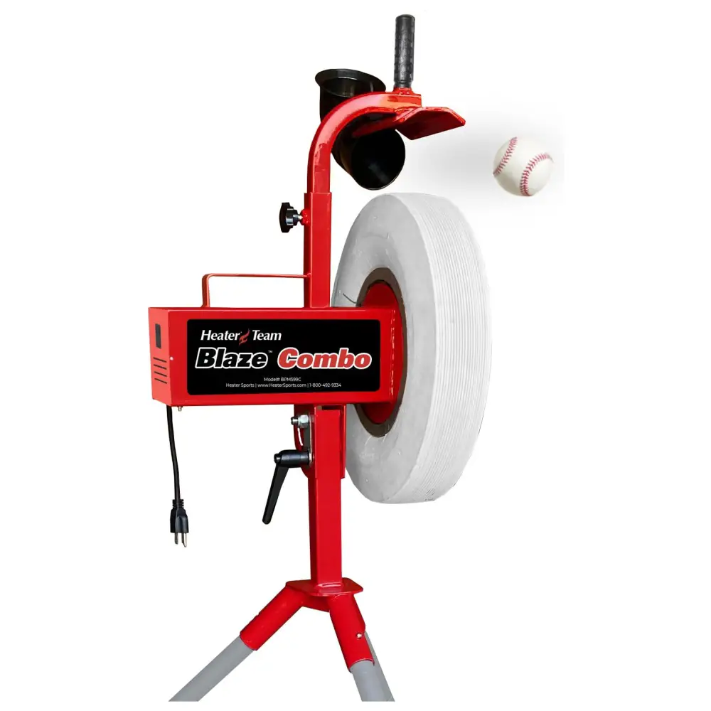 Pitching machine with a baseball suspended in mid-air.