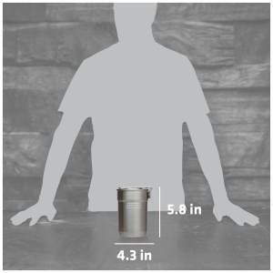 Stainless steel tumbler with dimensions labeled, alongside a silhouette representation for size comparison.