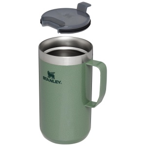Green stanley insulated travel mug with an open lid.