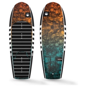 Two wakeboards with nature-themed graphics; one with autumn trees and orange hues, the other with underwater scenery and blue-green tones. both boards have black traction pads and logo at the top.