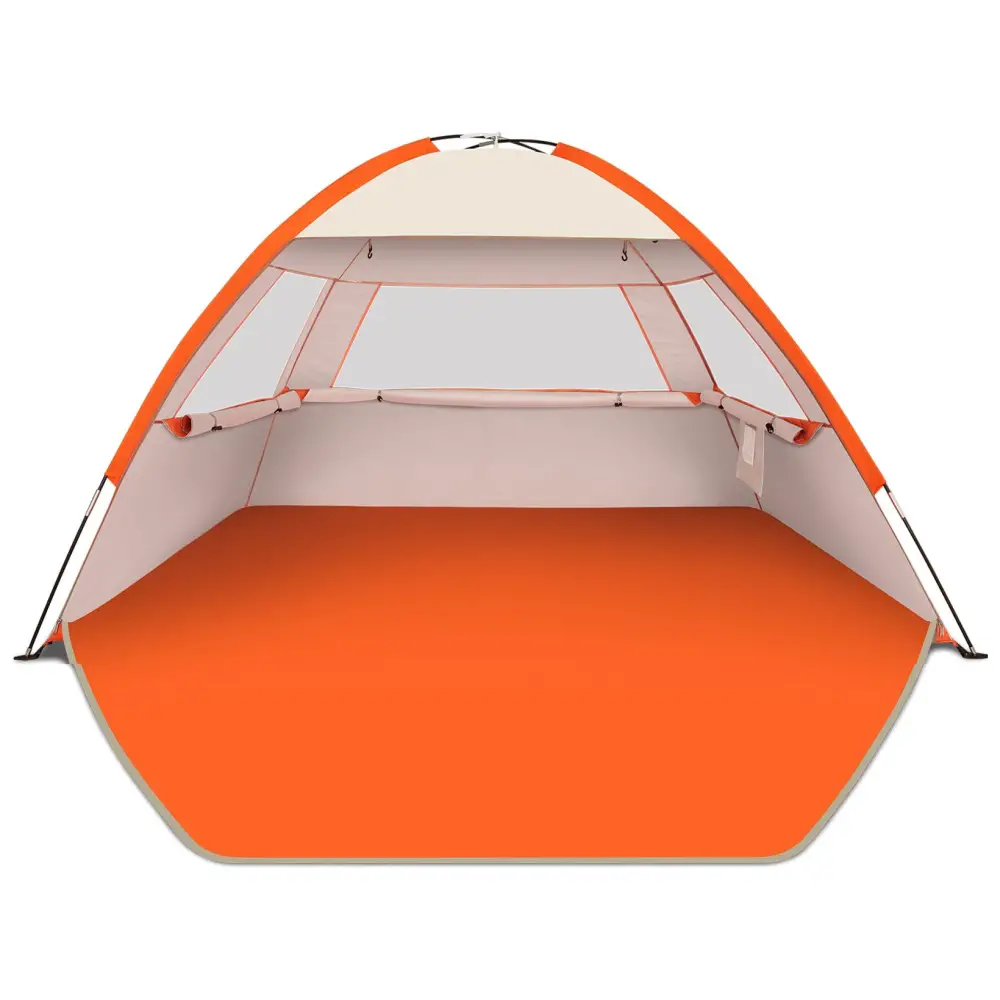 Orange and white empty camping tent displayed on a white background.