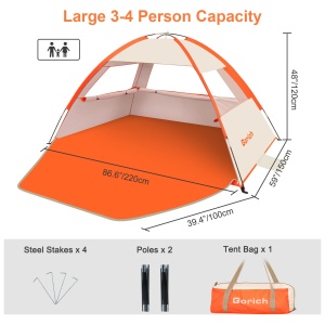 Illustration of an orange 3-4 person camping tent with dimensions and included accessories.