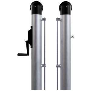 Two stainless steel security bollards with black caps, isolated on a white background.