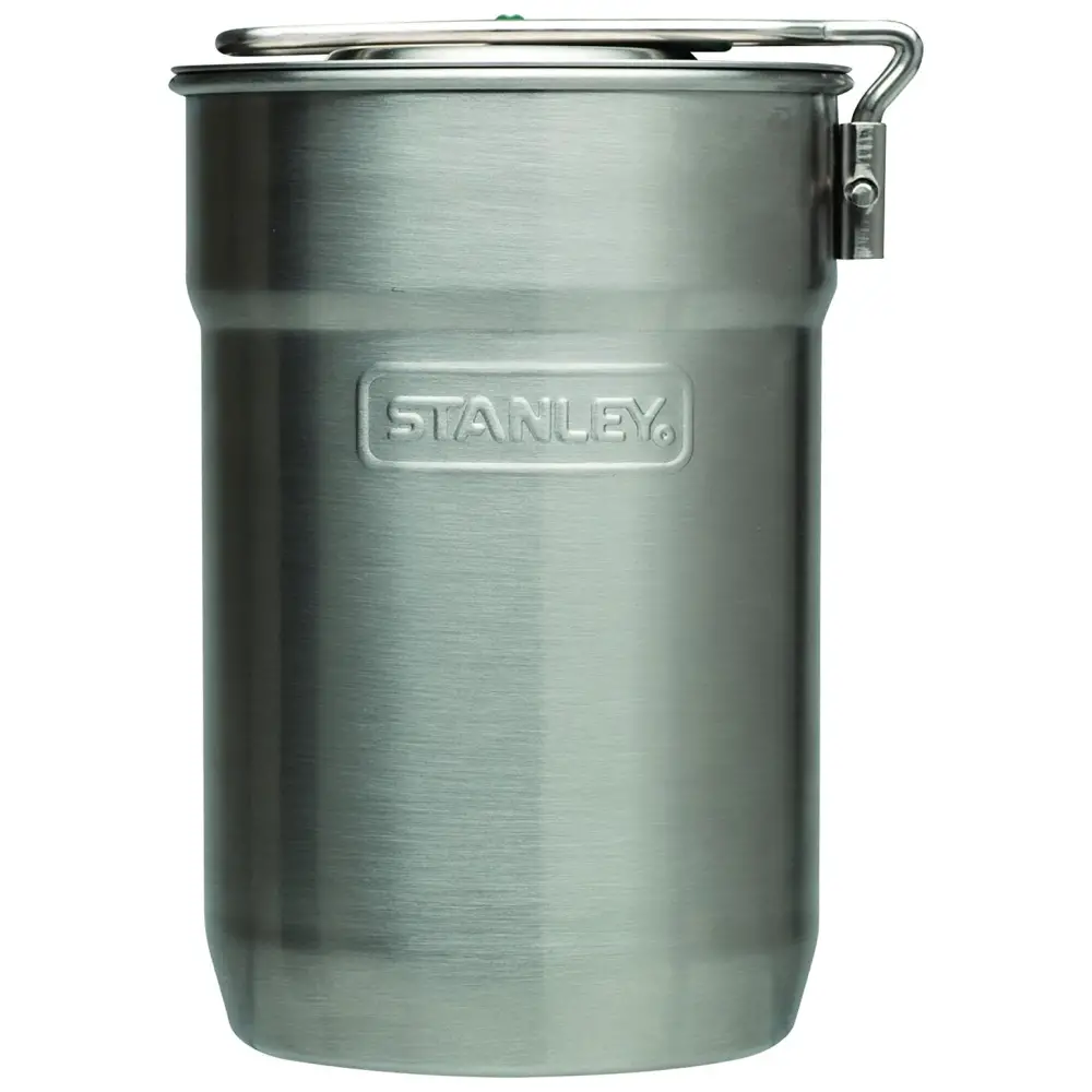Stainless steel stanley insulated mug with handle.