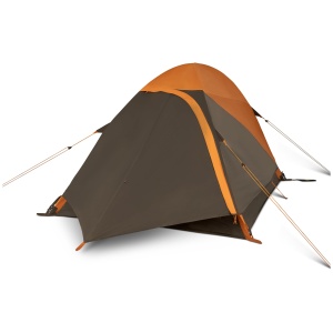 A brown and orange dome tent isolated on a white background.