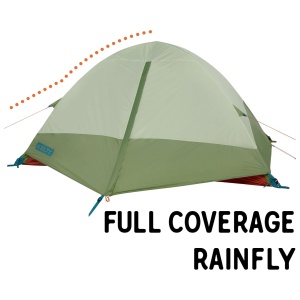 Green camping tent with full coverage rainfly feature highlighted.