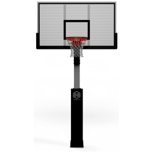 A standard basketball hoop with a black pole and square backboard, isolated on a white background.