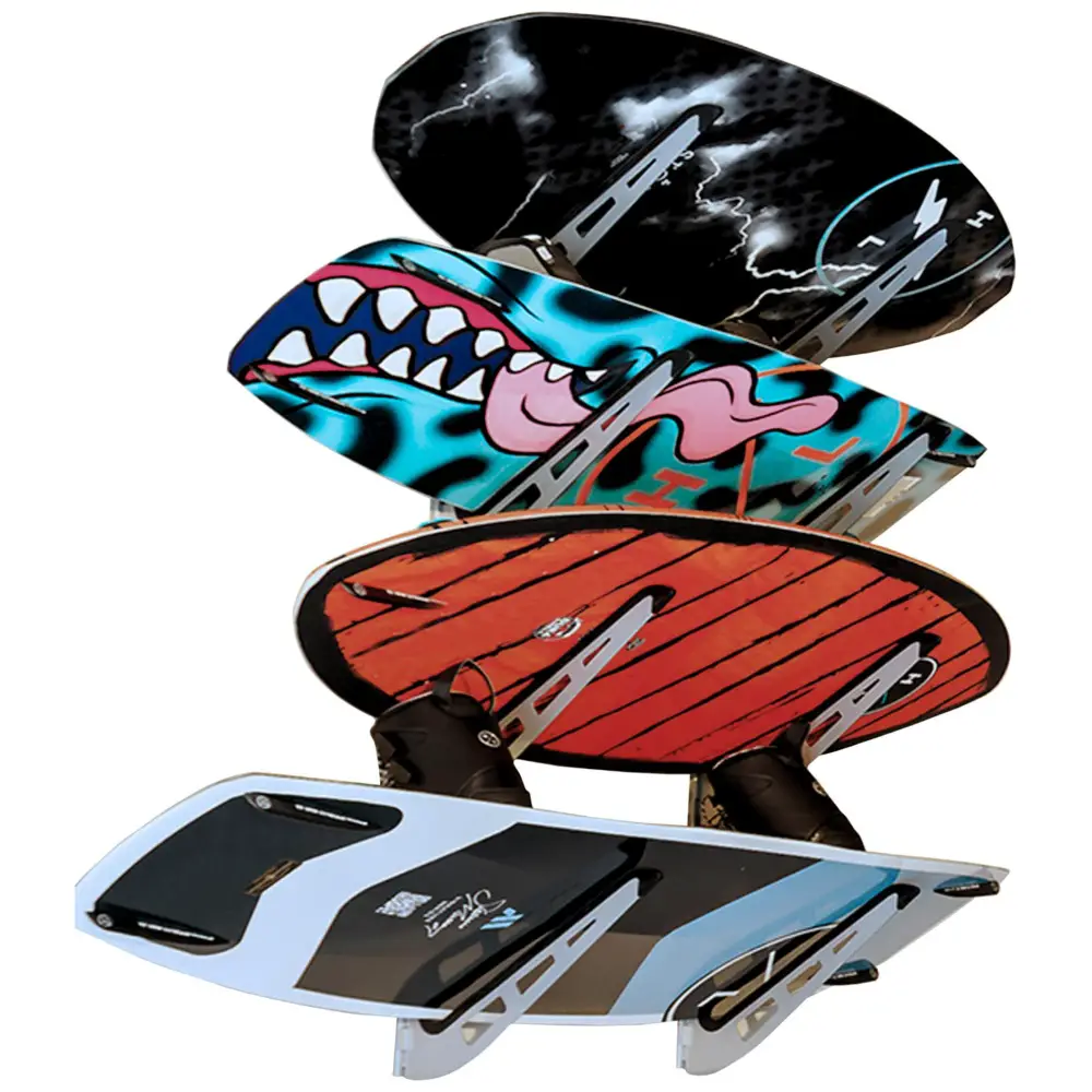 A collection of variously designed skateboards, including artistic and colorful graphics, displayed in an overlapping arrangement.