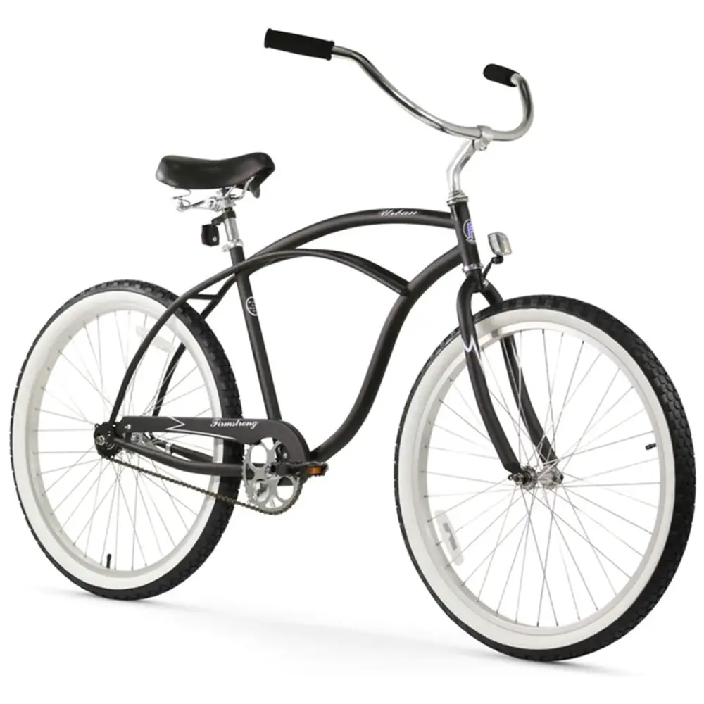 A black cruiser bicycle with high handlebars and white-walled tires, isolated on a white background.