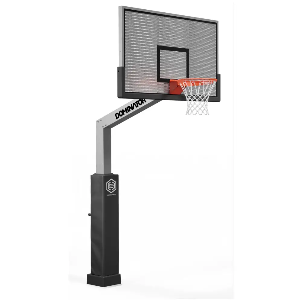 A modern dominator basketball hoop with a black stand and transparent backboard marked with the brand logo.