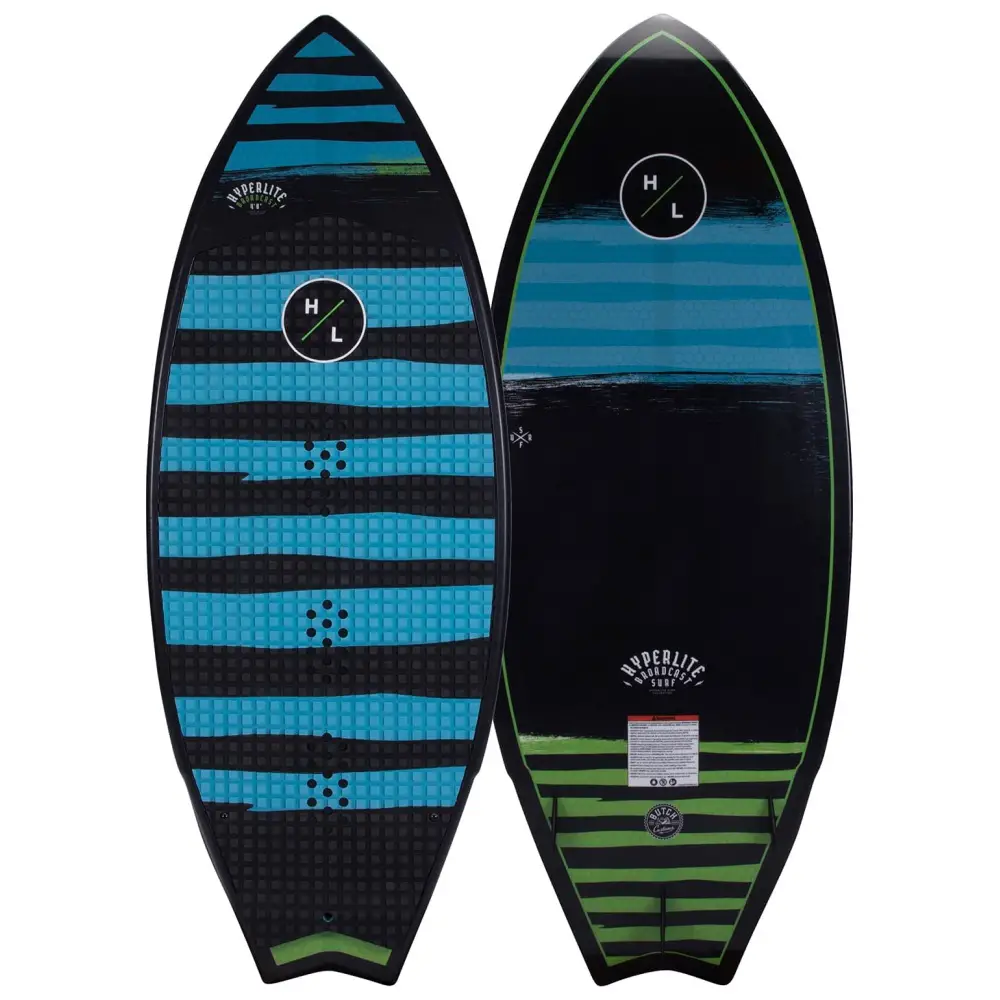 Two wake surfboards standing upright, one with a predominantly blue design featuring stripes and dots, and the other black with blue accents.