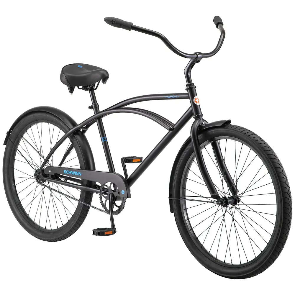Black single-speed cruiser bicycle with coaster brakes and a padded saddle.