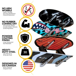 An array of skateboard decks with various colorful designs, decorated with icons depicting their durable and anti-wobble features, highlighting u.s./canada design and heavy-duty materials.