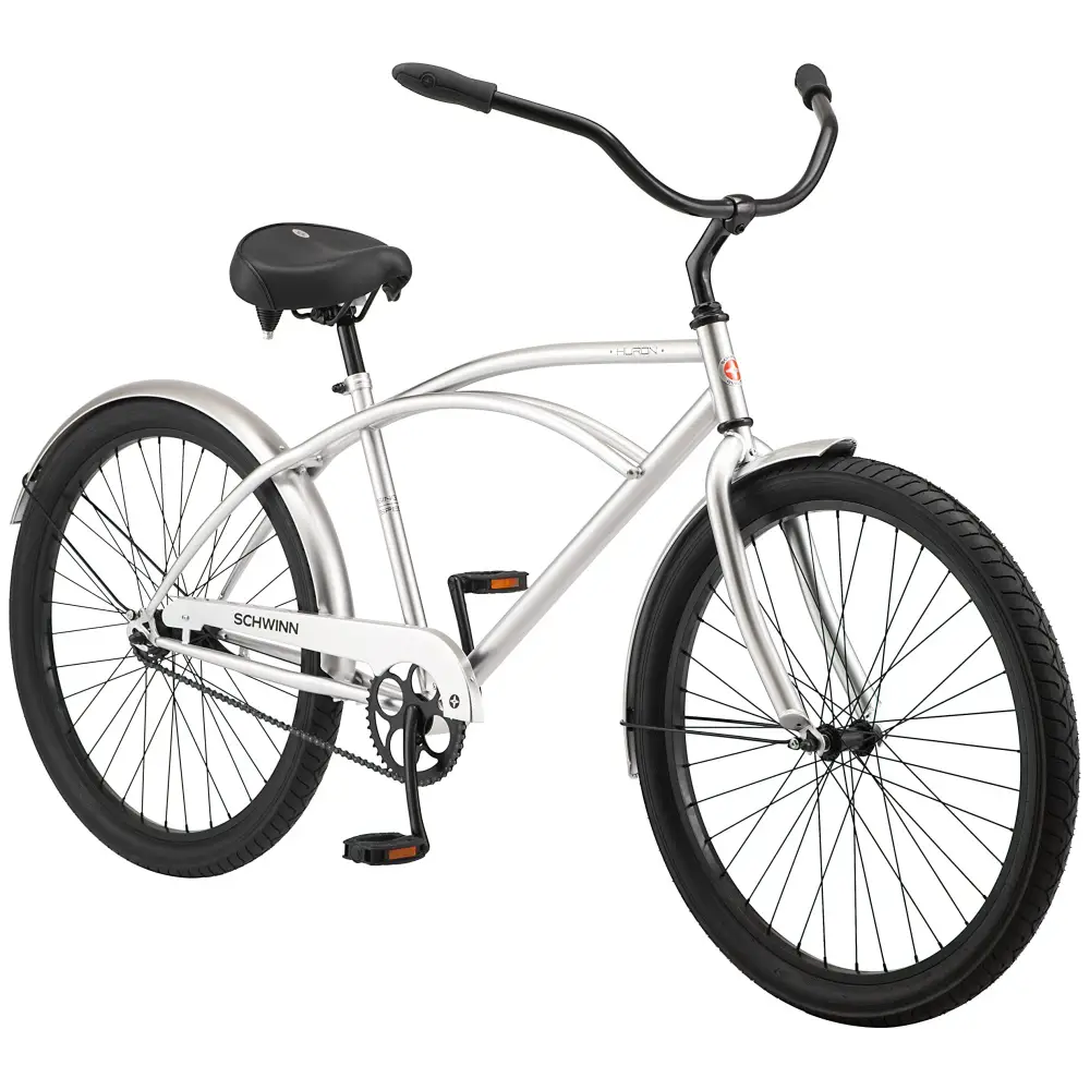 A silver schwinn cruiser bike with a black seat and handlebars, positioned against a white background.