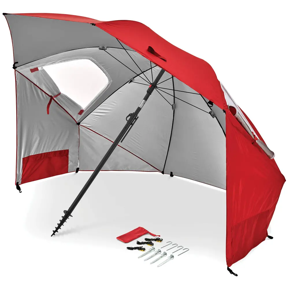 Red and gray camping tent with poles and stakes on a white background.