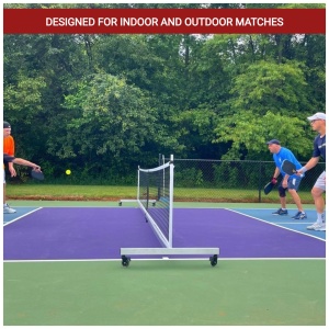Four individuals playing pickleball on an outdoor court, with one player hitting a yellow ball over a portable net, text overlay states "designed for indoor and outdoor matches".