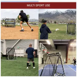 Collage of four images showcasing athletes using sports training nets for baseball, lacrosse, soccer, and basketball in various settings, including outdoors and indoors.