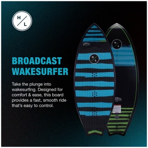 Promotional image for broadcast wakesurfer boards, featuring two surfboards with designs in blue and black, including product details emphasizing comfort and control.