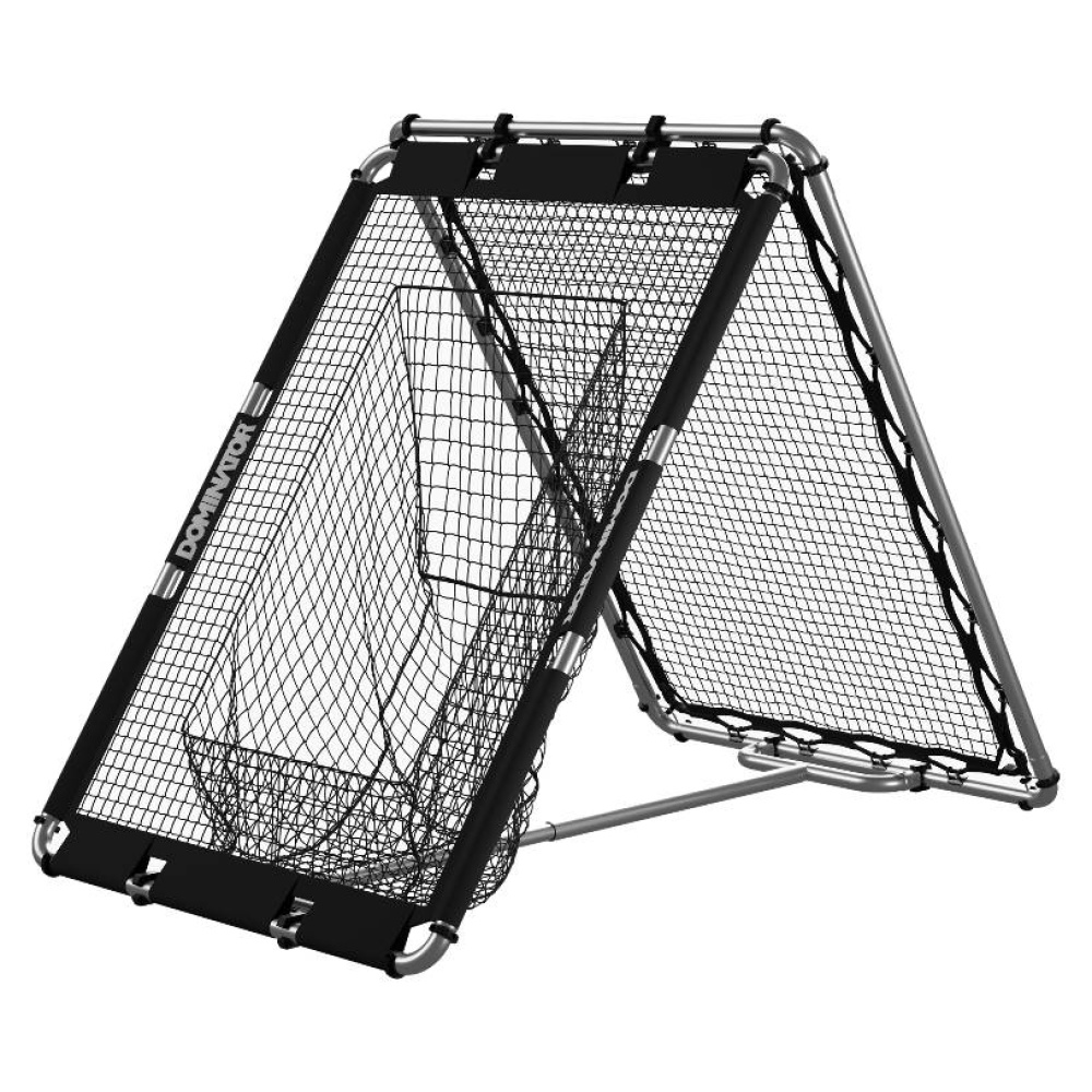 Black portable soccer Dominator All-Sport Training Net - Two-Sided Rebound & Pocket for rebounding, set on a white background.