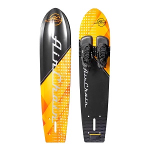 Air Chair Ski Blank with a yellow, orange, black, and white design featuring the AirChair logo. One wakeboard's top and base view with foot bindings are visible. The sleek Air Chair ZUP Board with Seat & Full Hydrofoil Assembly PLUS Elevation Board Combo is perfect for mastering tricks and turns on the water.