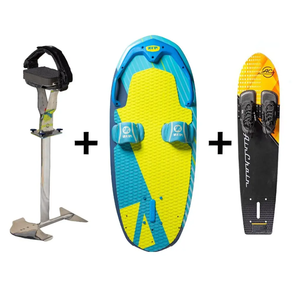 Three items: an Air Chair ZUP Board with Seat & Full Hydrofoil Assembly PLUS Elevation Board Combo, a blue and yellow elevation board with bindings, and a yellow and black water ski with bindings, arranged side by side.