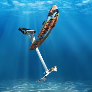 A Air Chair ZUP Board with Seat & Full Hydrofoil Assembly PLUS Elevation Board Combo with a camo design elevates above clear blue water, propelled by an unseen wave.