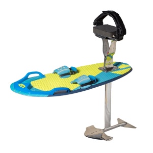 Air Chair ZUP Board with Seat & Full Hydrofoil Assembly with blue and yellow deck and a strapped foot binding, isolated on white background.