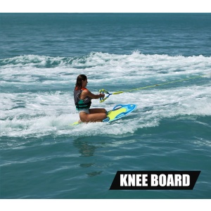 A woman kneeboarding on the ocean, holding a tow rope, with waves in the background and the text "Air Chair ZUP Board with Hydrofoil Option - Board Only" superimposed.