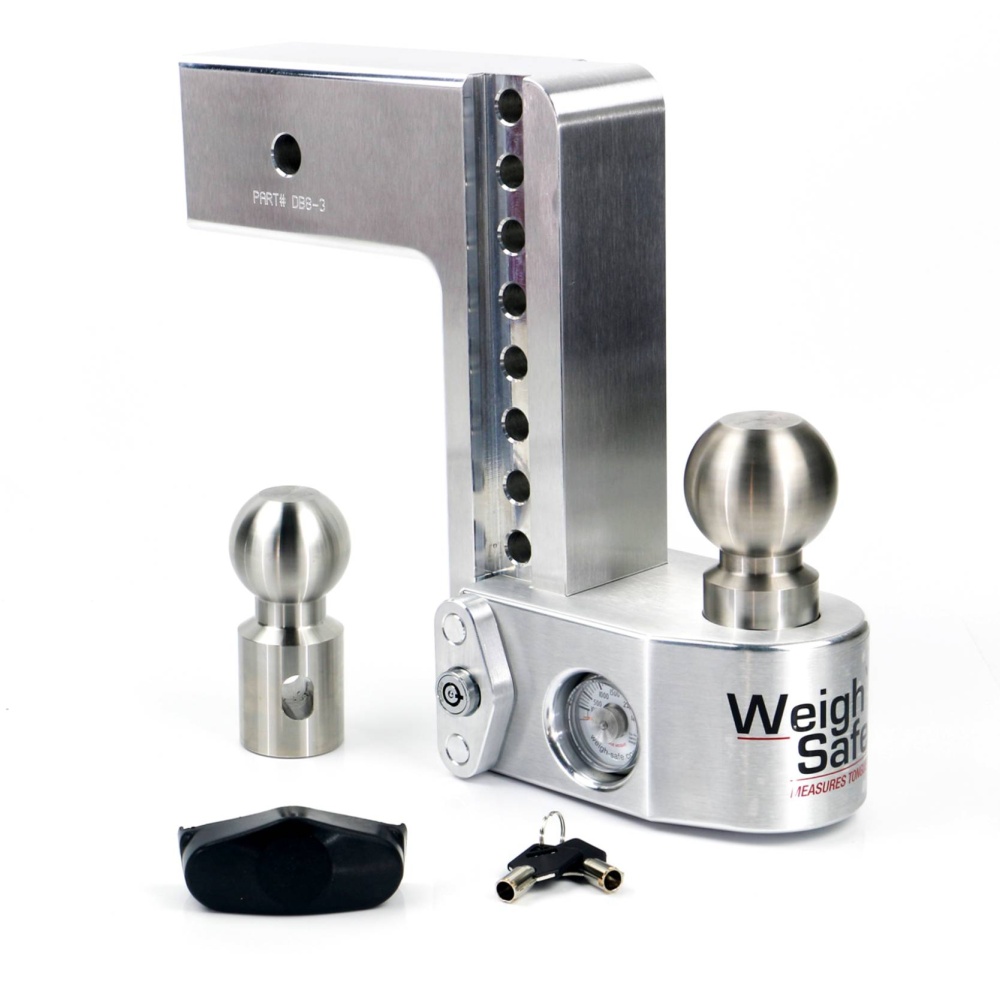 Weigh Safe aluminum adjustable trailer hitch with weight gauge, featuring two interchangeable hitch balls, locking pins, and a black protective cap.